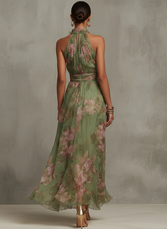 Green Floral Halter Maxi Dress for Women - View 2