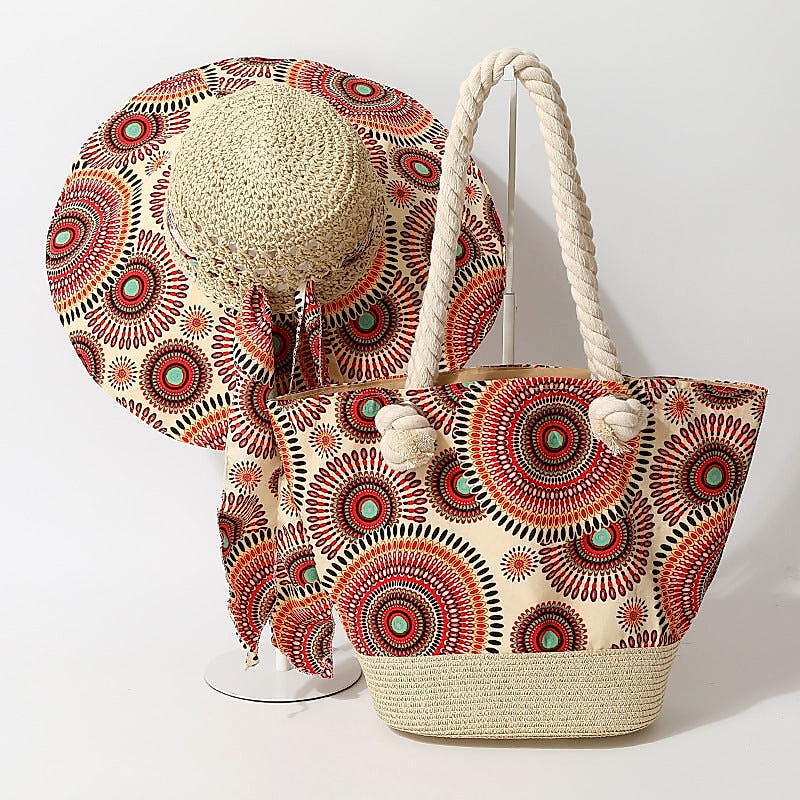 Matching straw sun hat and woven beach tote set for summer vacation outfit
