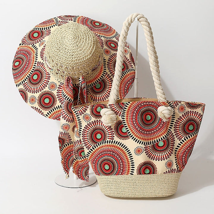 Matching straw sun hat and woven beach tote set for summer vacation outfit