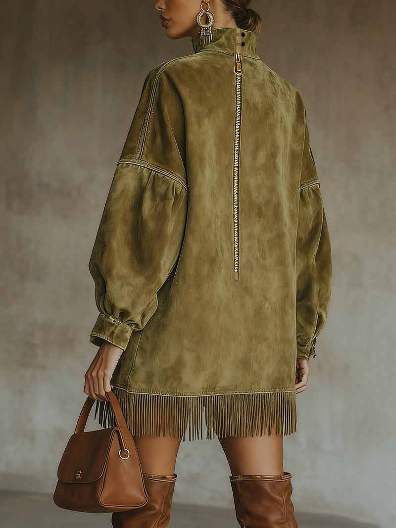 Olive faux suede fringe dress back view with zip detail and fringe hem