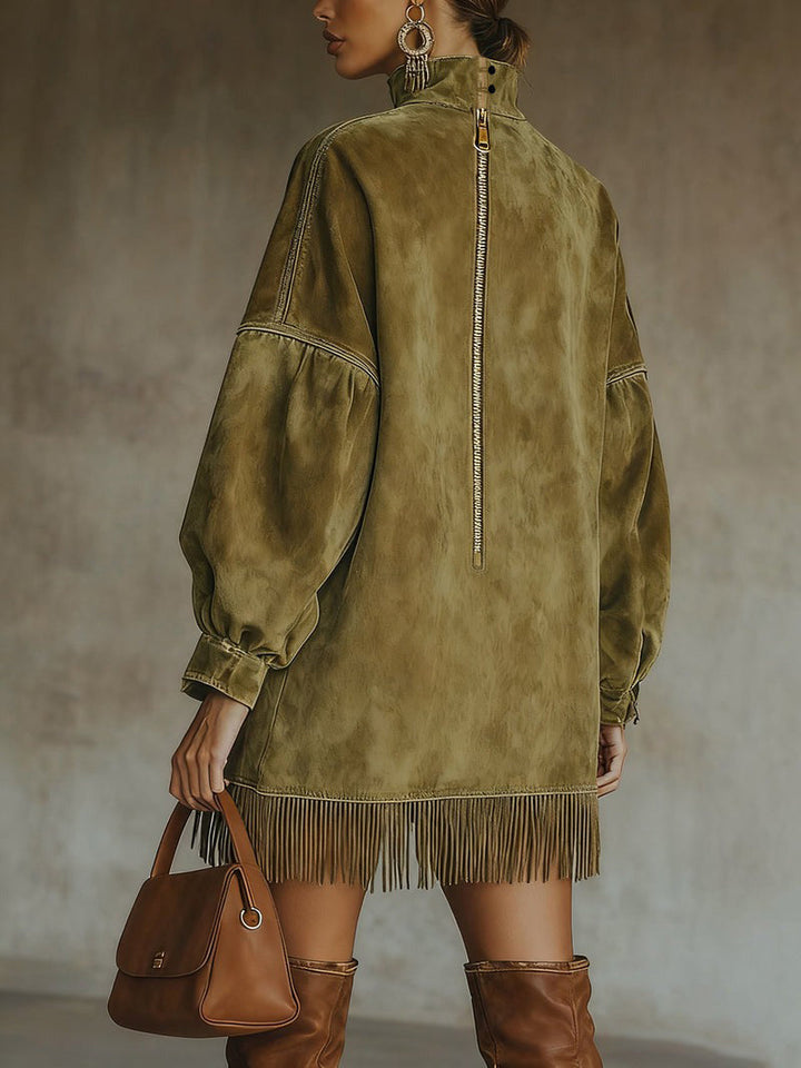 Olive faux suede fringe dress back view with zip detail and fringe hem