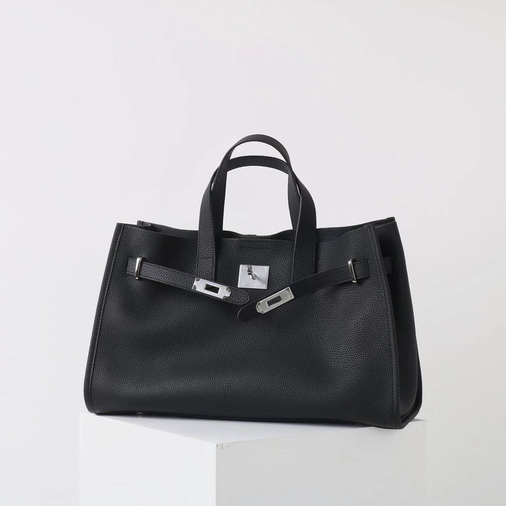 Black leather work tote, front view