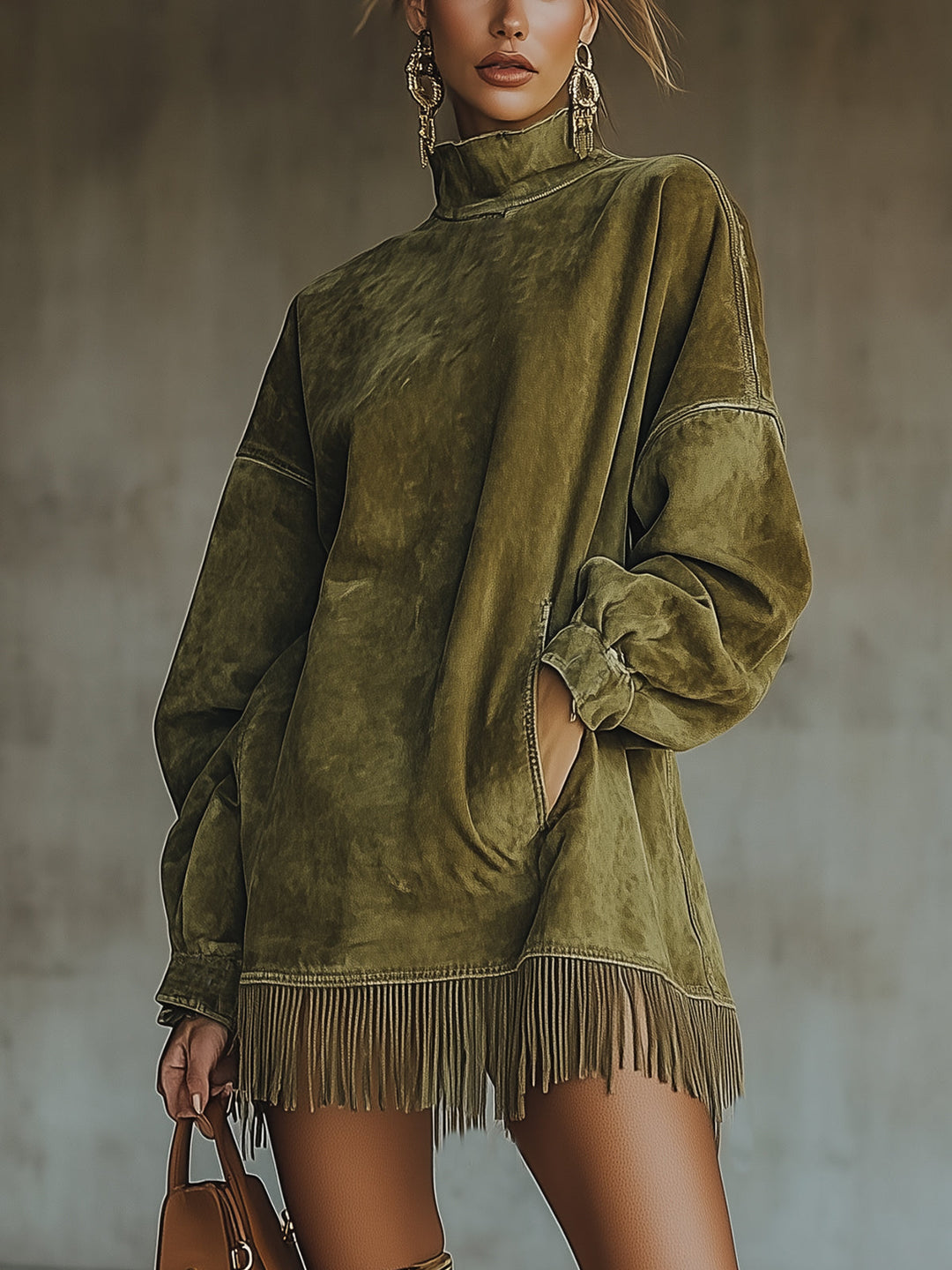 Willa faux suede turtleneck fringe dress in olive, front view