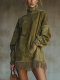 Willa | Women's Faux Suede Turtleneck Fringe Dress