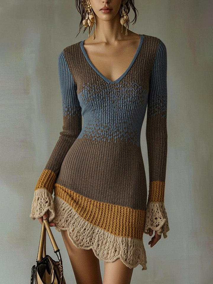 Woman wearing colorblock ribbed knit mini dress with deep V-neck and lace ruffle hem, front view