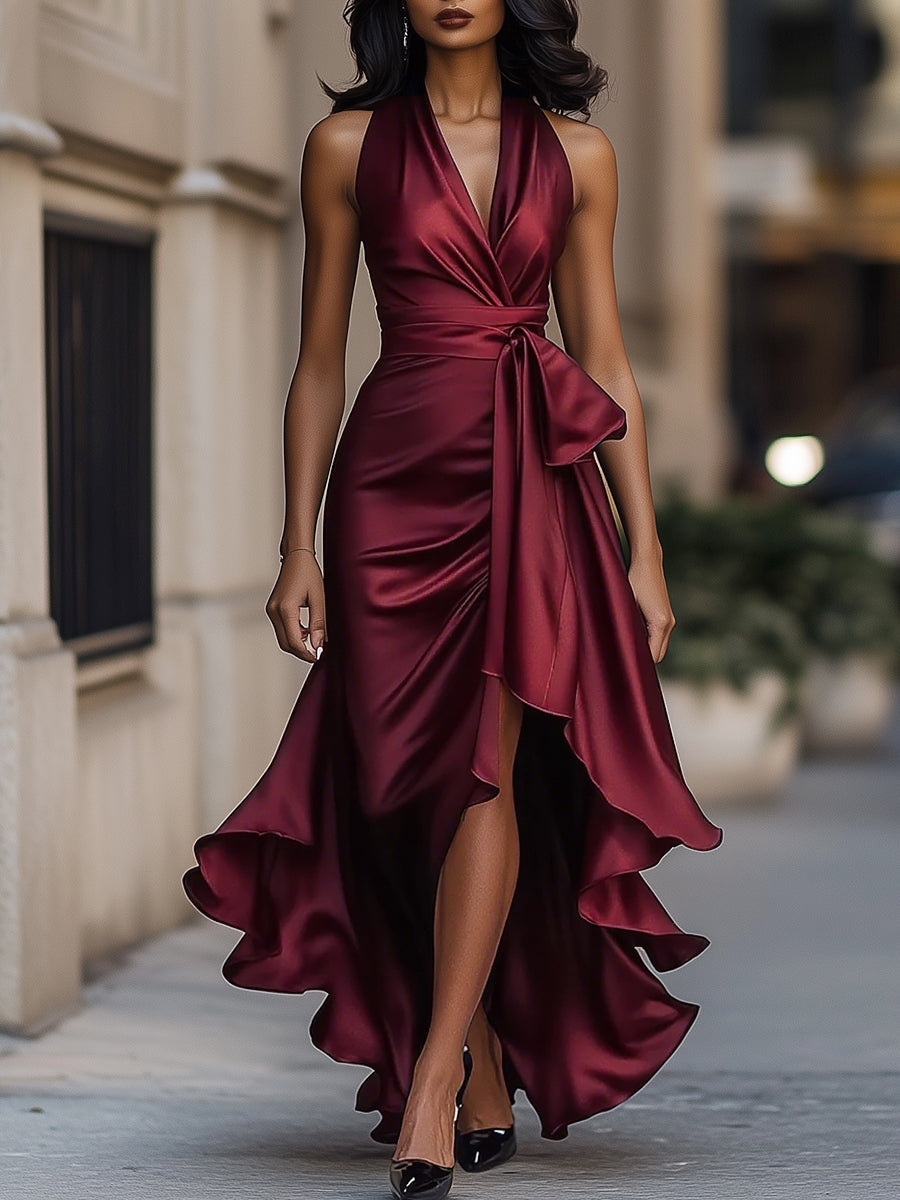 Lucienne satin halter high-low ruffle gown in burgundy