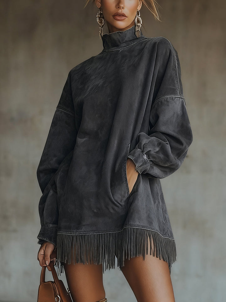 Willa faux suede turtleneck fringe dress in gray, front view
