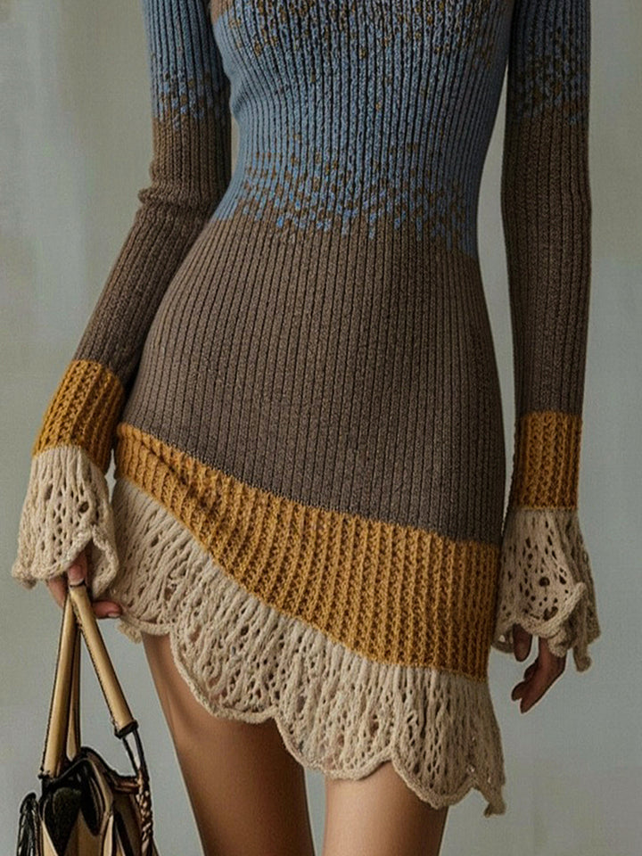 Colorblock ribbed knit mini dress showing gold stripe and beige lace ruffle hem detail
