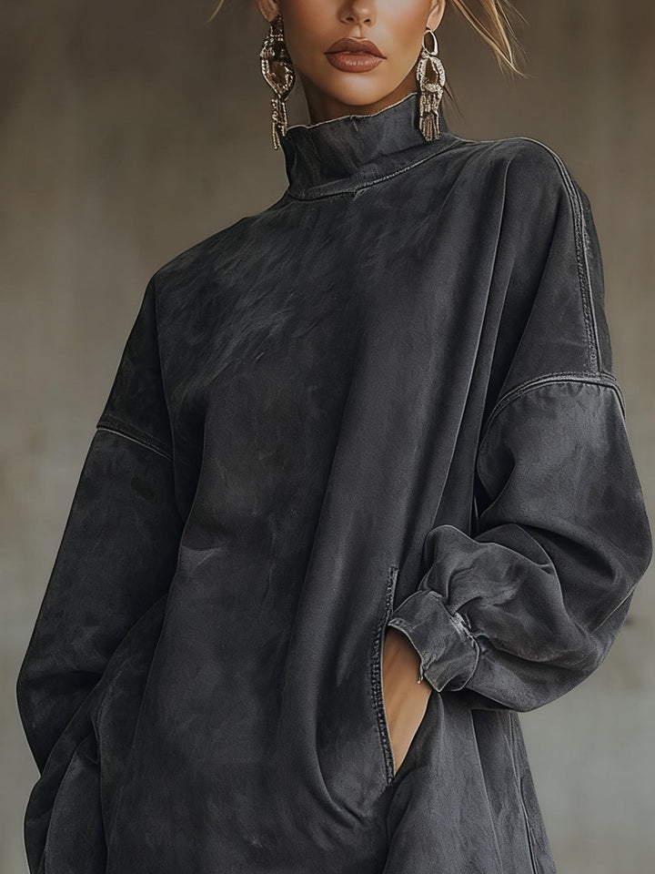 Close-up of gray faux suede turtleneck and oversized sleeve detail