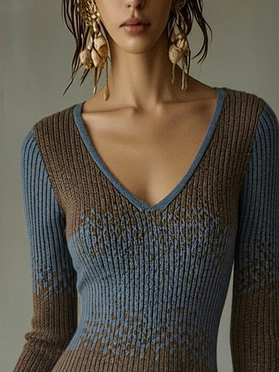 Close-up of deep V-neck and textured rib knit on the colorblock mini dress