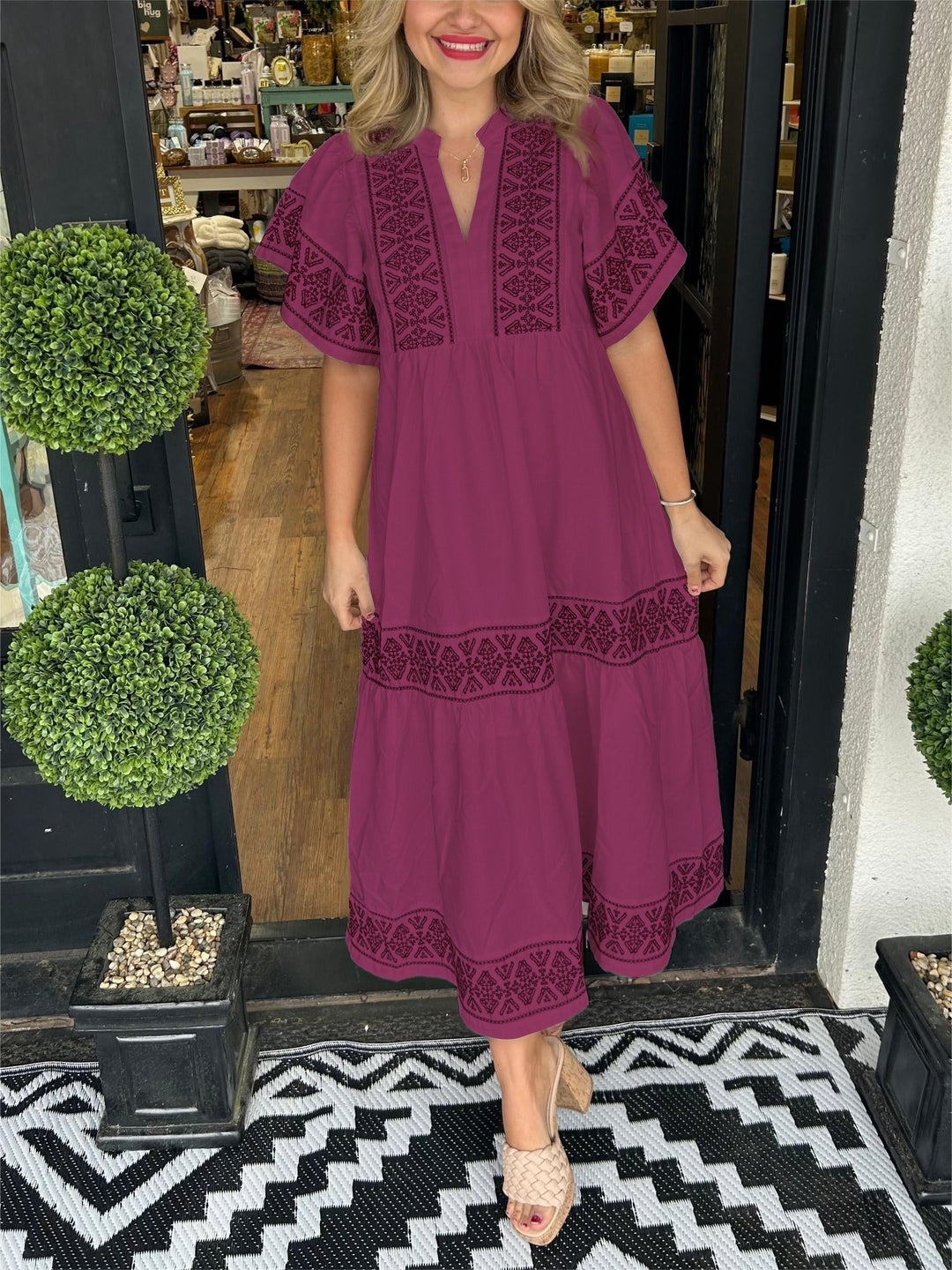 Rachel | Boho V Neck Midi Dress