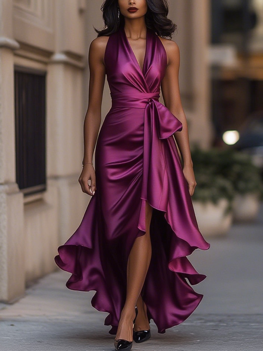 Lucienne satin halter high-low ruffle gown in fuchsia