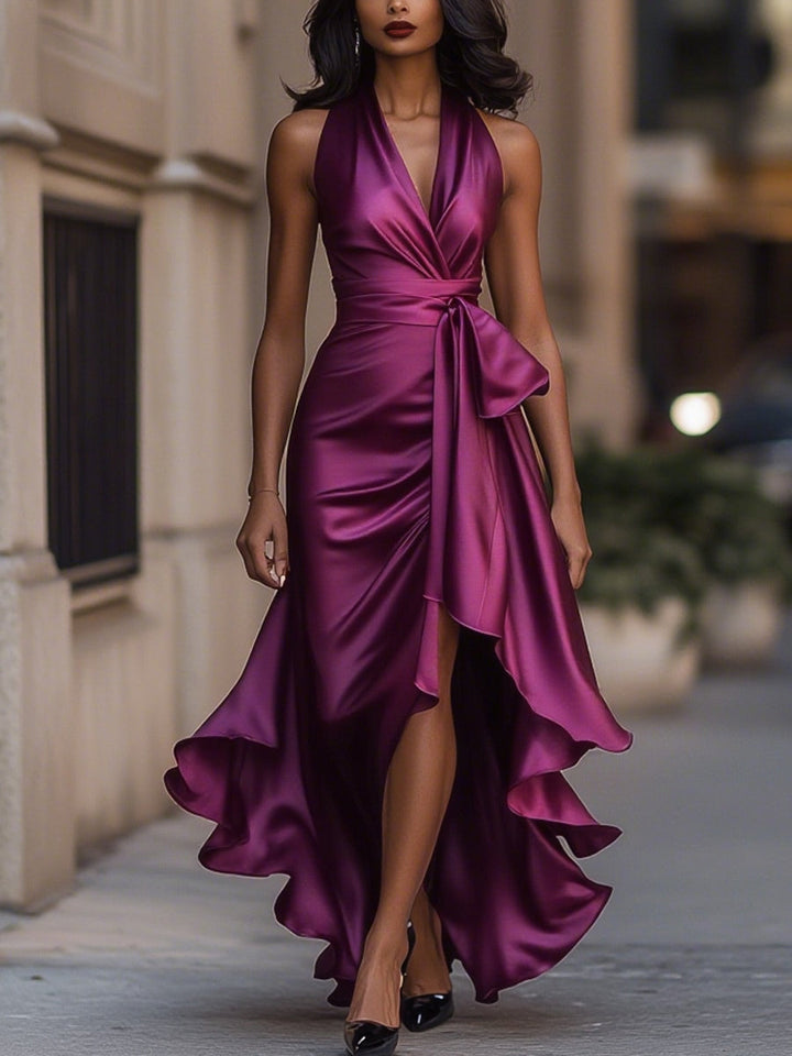 Lucienne satin halter high-low ruffle gown in fuchsia