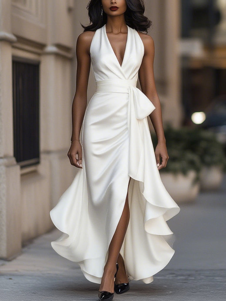 Lucienne satin halter high-low ruffle gown in white