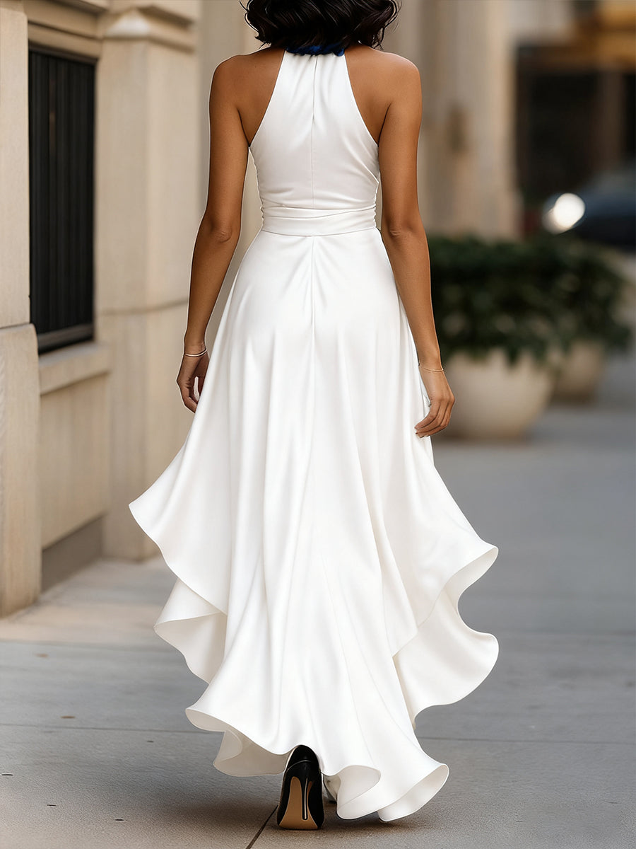 Lucienne satin halter ruffle gown fabric detail