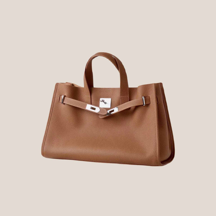 Adeline full-grain leather work tote in brown, front view
