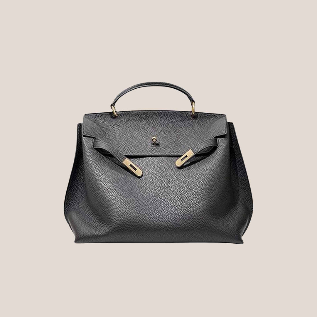 Structured top-handle leather satchel bag in black, front view with gold turn-lock
