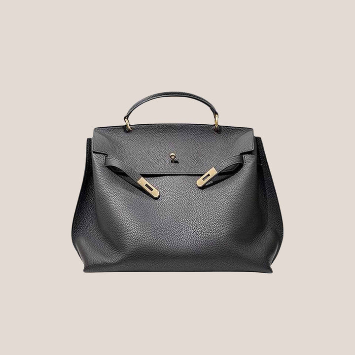 Structured top-handle leather satchel bag in black, front view with gold turn-lock
