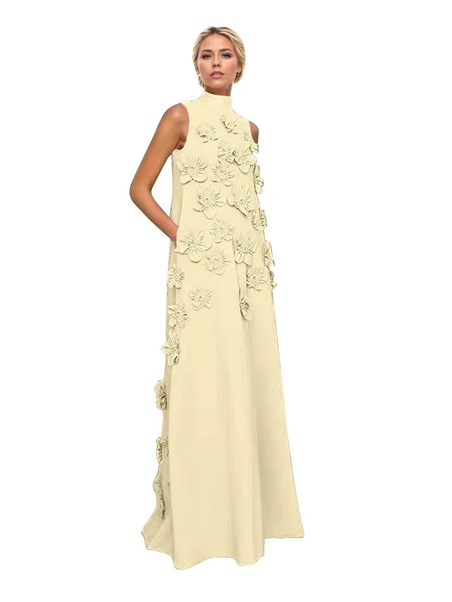 Genevieve 3D floral A-line evening gown in champagne