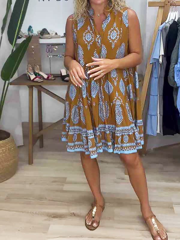 Jenna Boho Mini Dress for Women | Printed Sleeveless Summer Dress