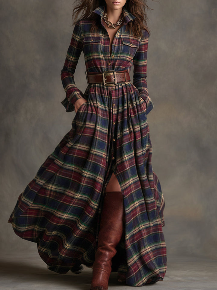 Fiona plaid belted maxi shirt dress in Blue-Red
