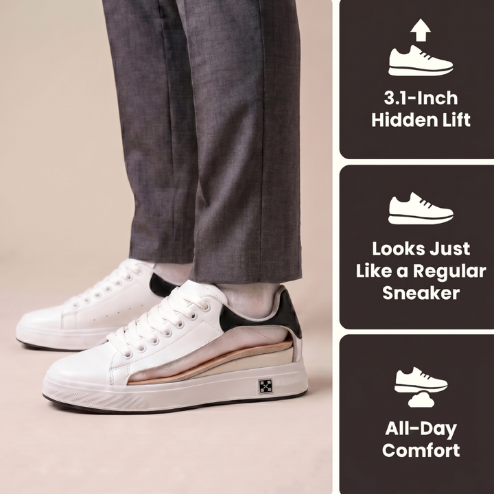 Hidden lift sneaker features: internal lift, everyday look, all-day comfort