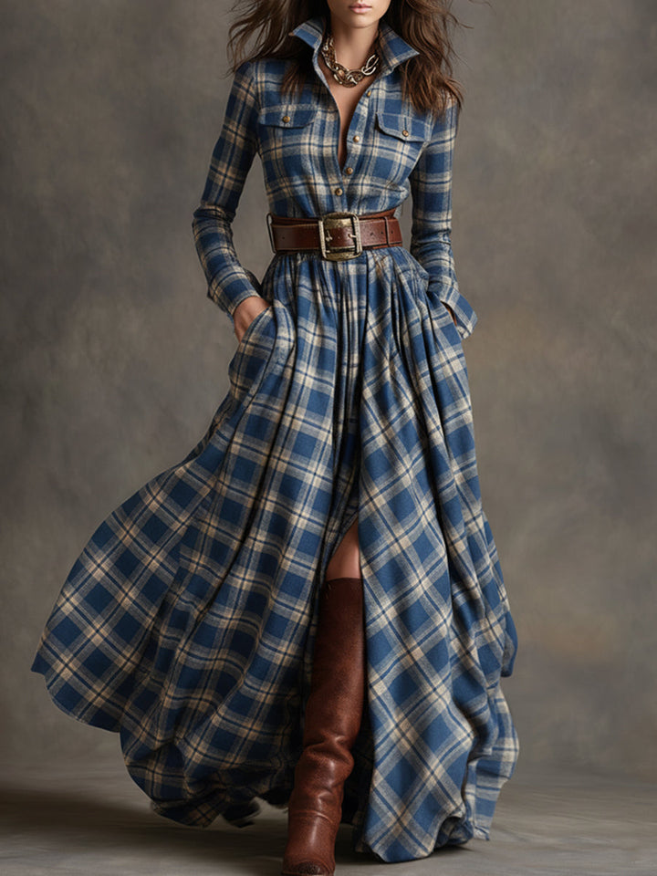 Fiona plaid belted maxi shirt dress in Blue