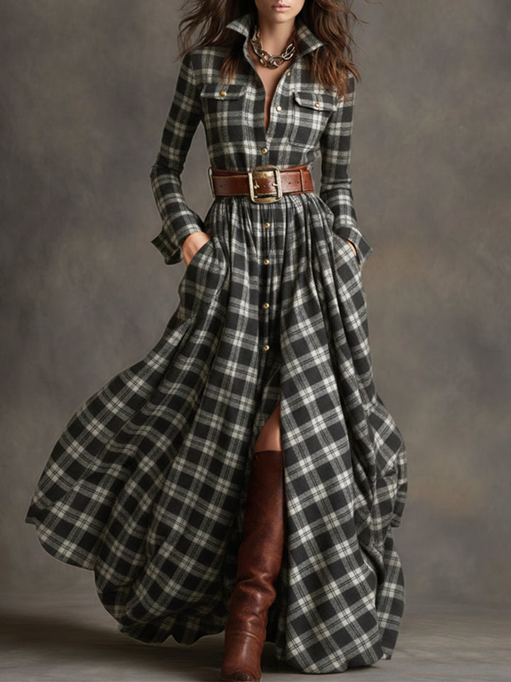 Fiona plaid belted maxi shirt dress in Black