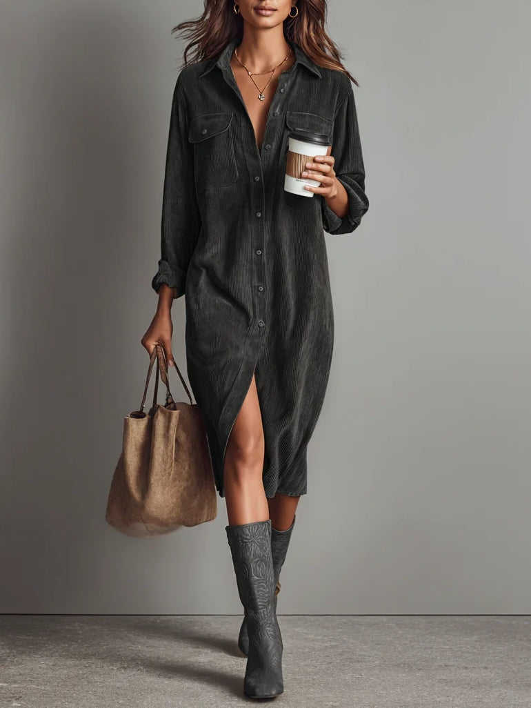 Delphine corduroy midi shirt dress in gray, front view