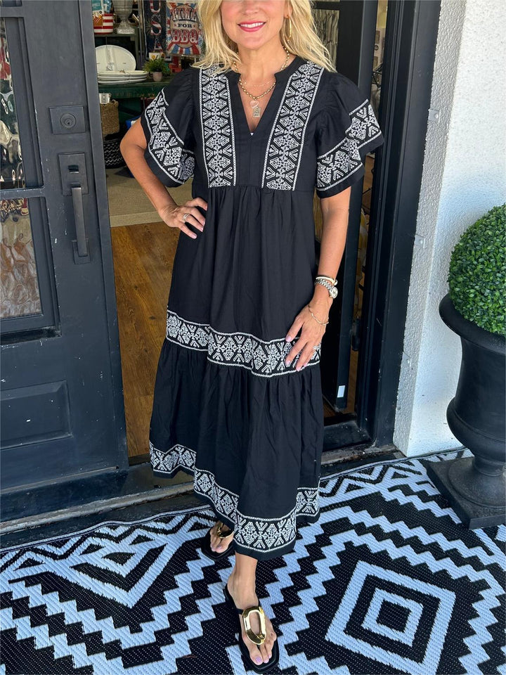 Rachel | Boho V Neck Midi Dress