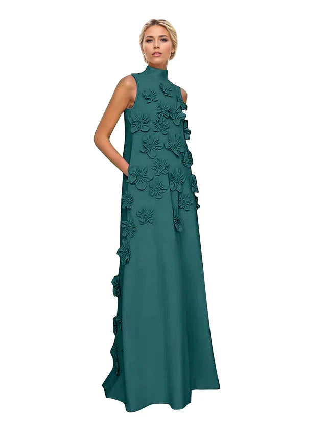Genevieve 3D floral A-line evening gown in peacock