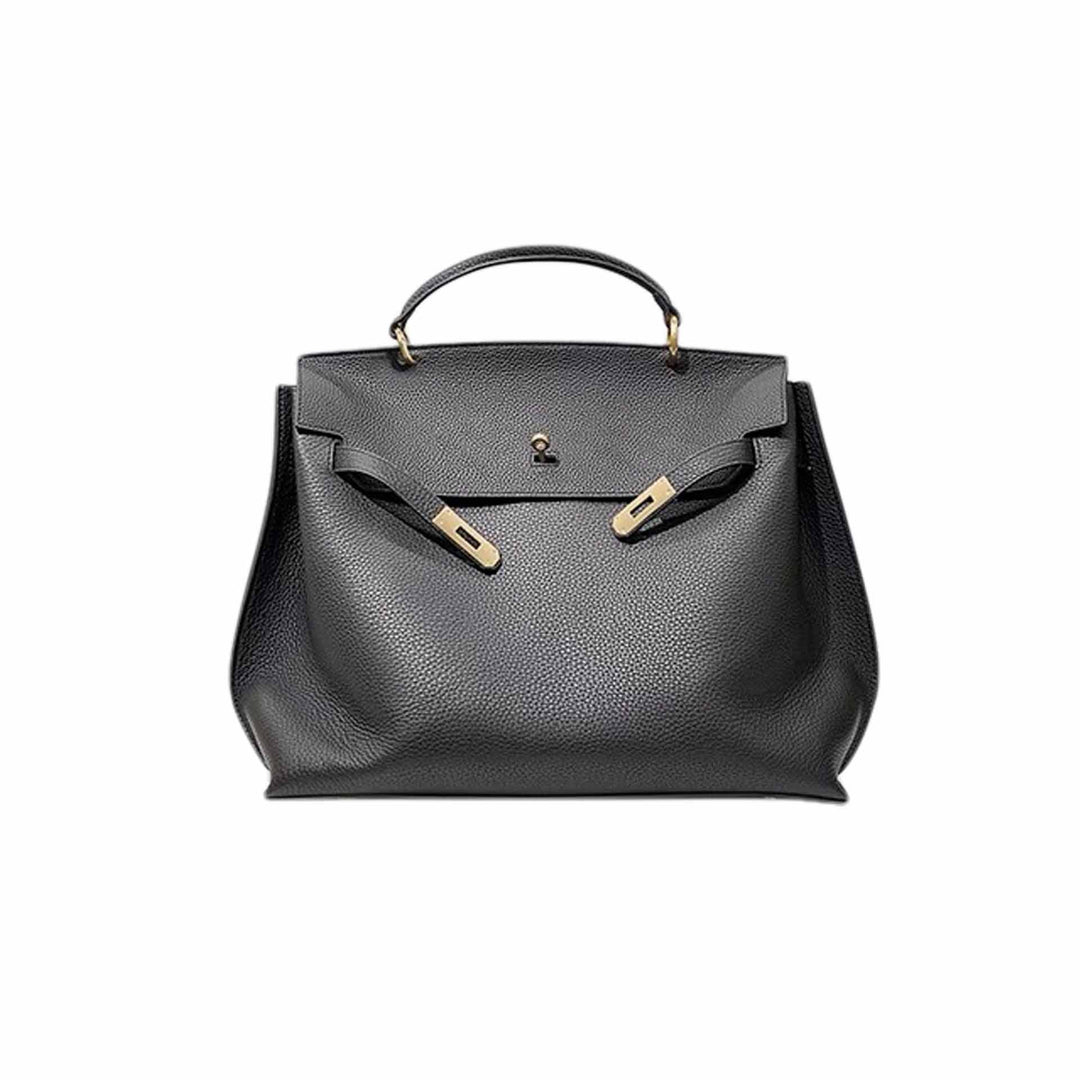Leather satchel bag detail showing pebbled full-grain texture
