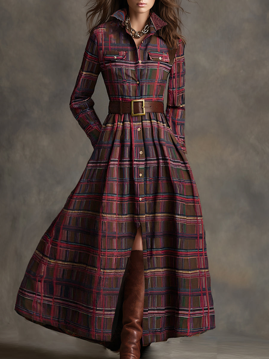 Fiona plaid belted maxi shirt dress in Reddish Brown