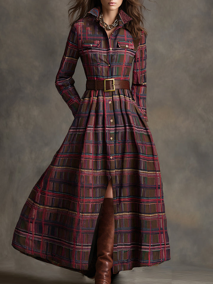 Fiona plaid belted maxi shirt dress in Reddish Brown