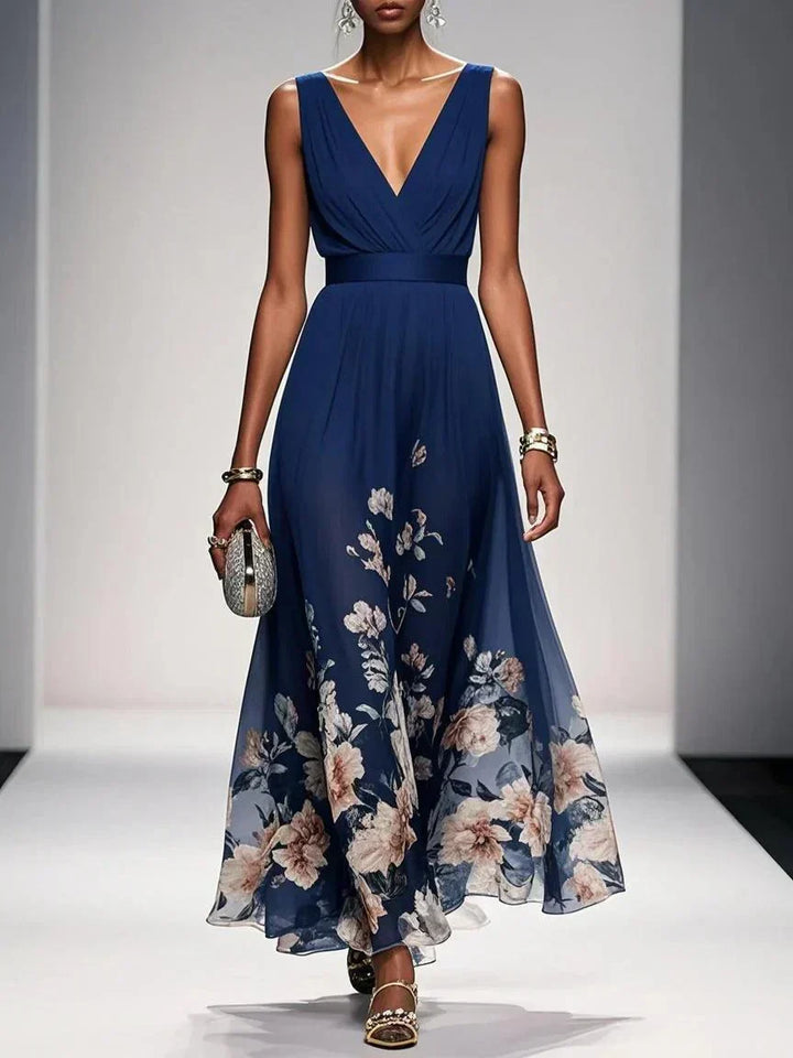 Genevieve floral chiffon wedding guest maxi dress in Navy Blue, front view