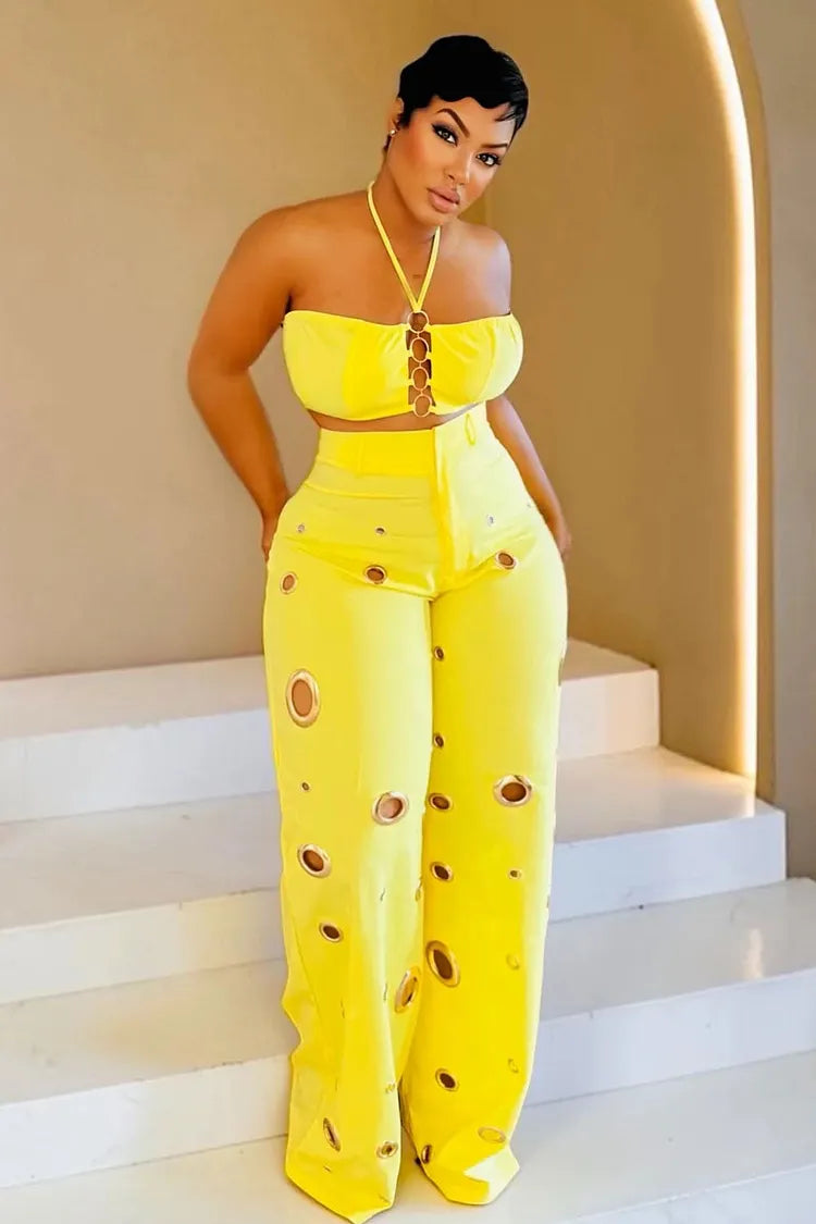 Halter Crop Top High Waist Hollow Pants Casual 2pcs Set-Yellow [Pre Order]