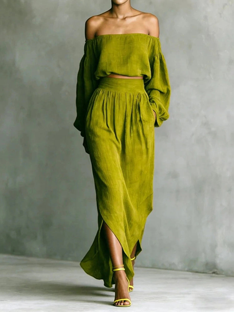 Solid-color Off-shoulder Top And Asymmetrical Skirt Two-piece Set