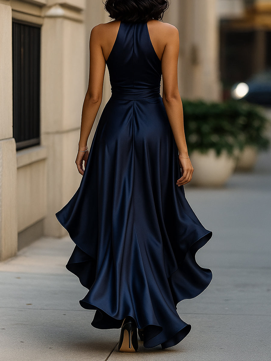 Lucienne satin halter ruffle gown detail view