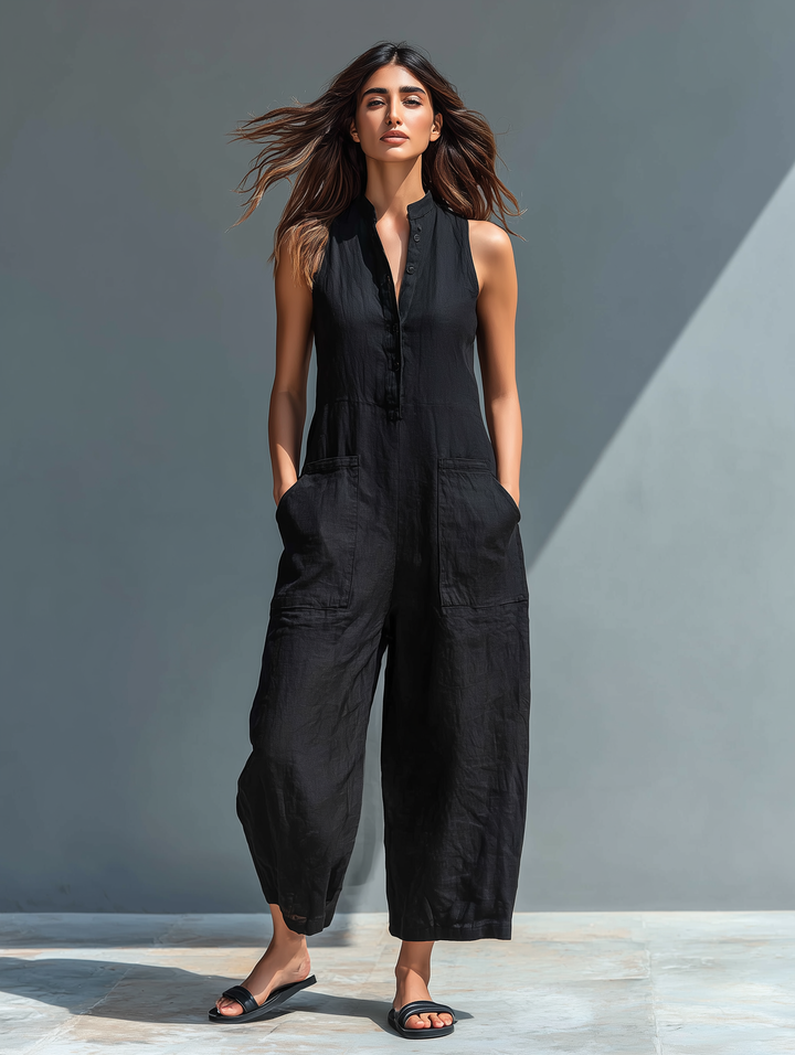 Colette linen-blend jumpsuit in black, full-length styled view