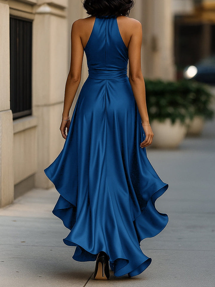 Lucienne satin halter ruffle gown styling view