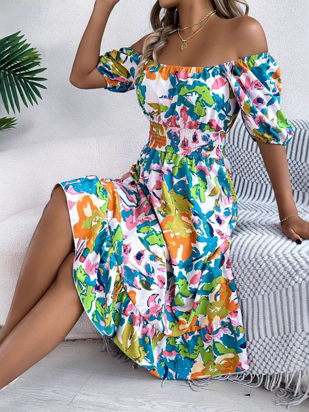 Caroline | Boho Off Shoulder Midi Dress