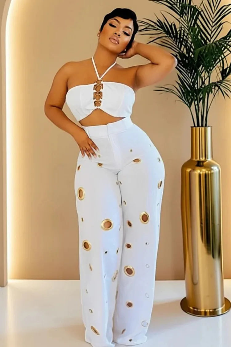 Halter Crop Top High Waist Hollow Pants Casual 2pcs Set-Yellow [Pre Order]