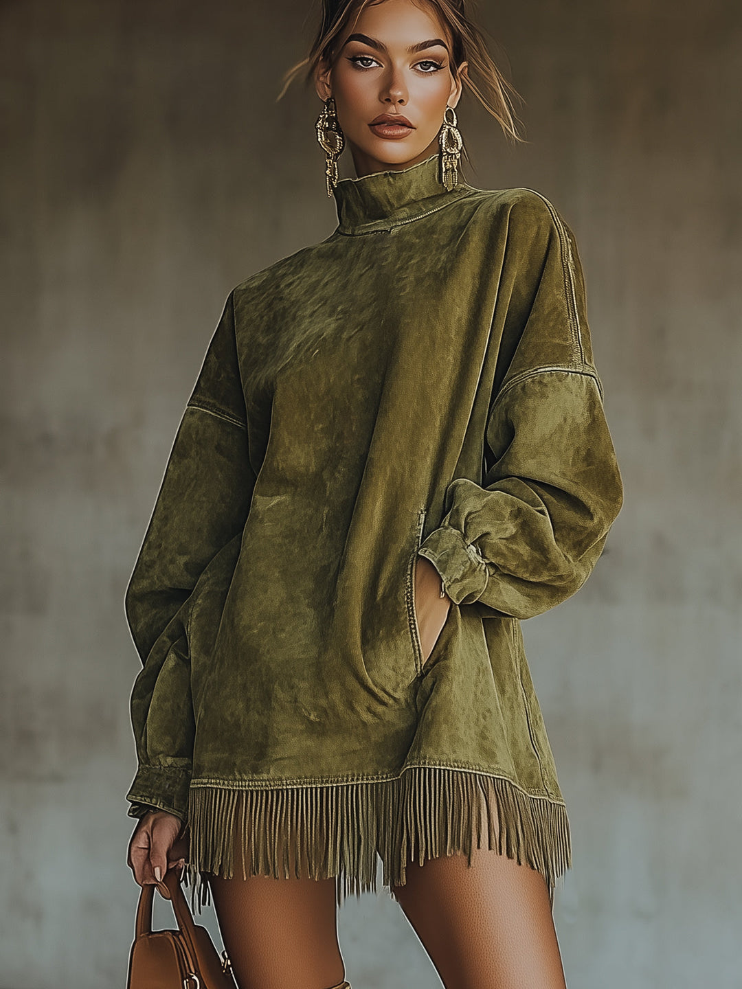 Woman wearing olive faux suede turtleneck fringe dress with boots