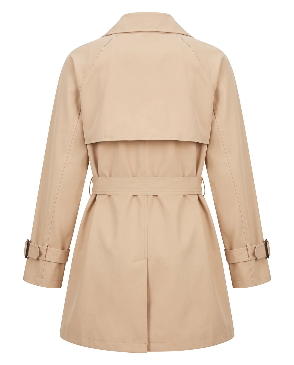 Women's double breasted belted trench coat in khaki beige, back view