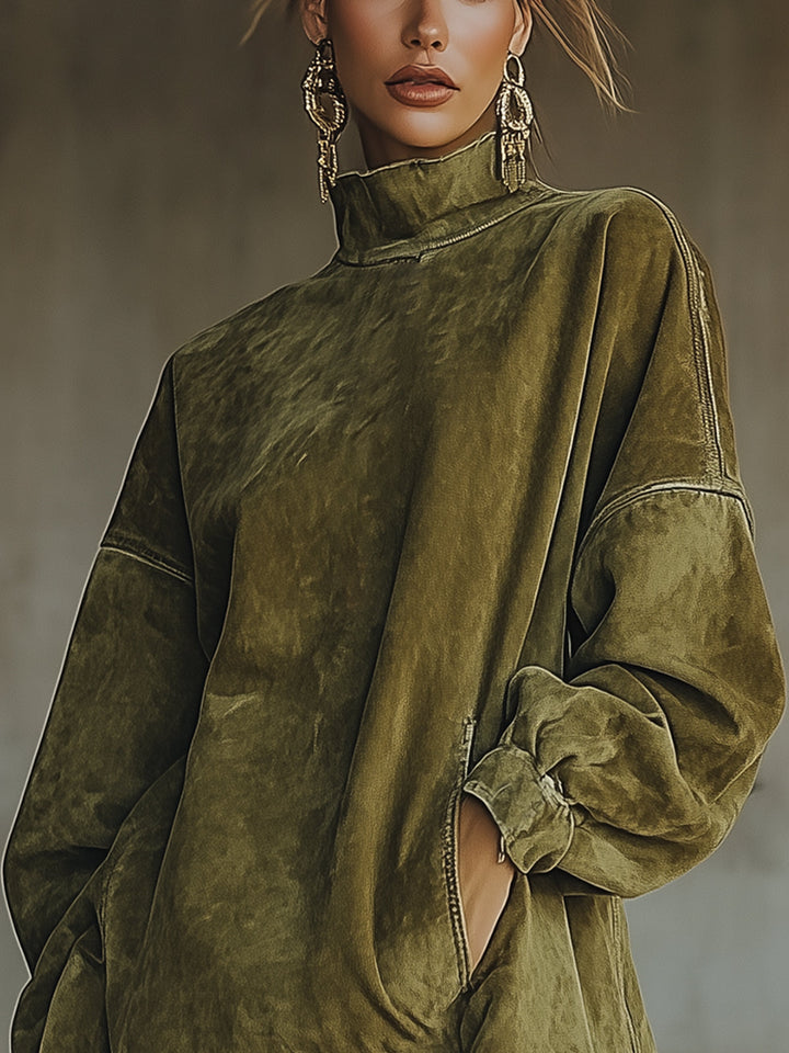 Close-up of olive faux suede turtleneck neckline and oversized sleeves