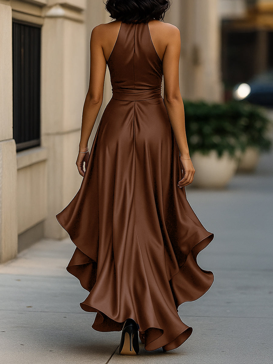 Lucienne satin halter ruffle gown neckline detail