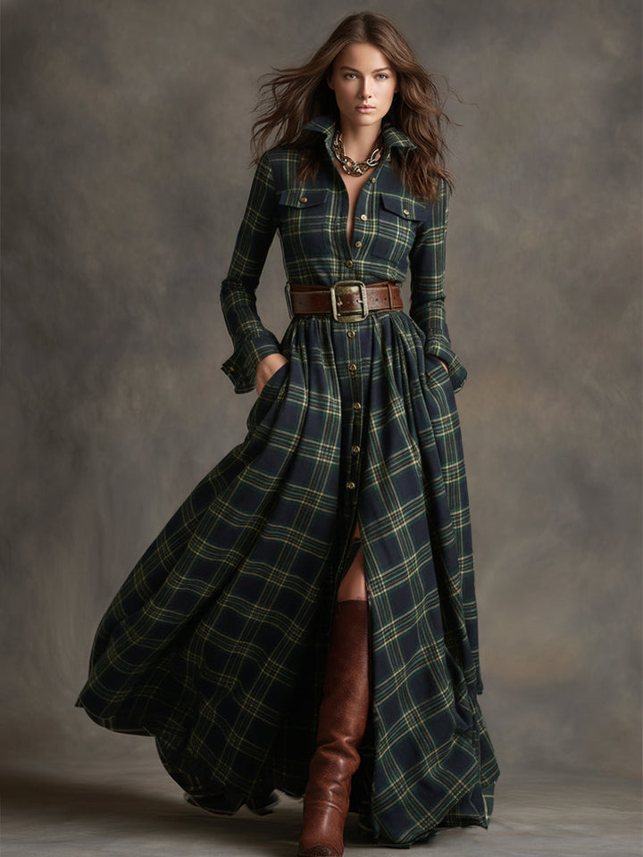 Woman wearing the Fiona plaid belted maxi shirt dress, full-length front view