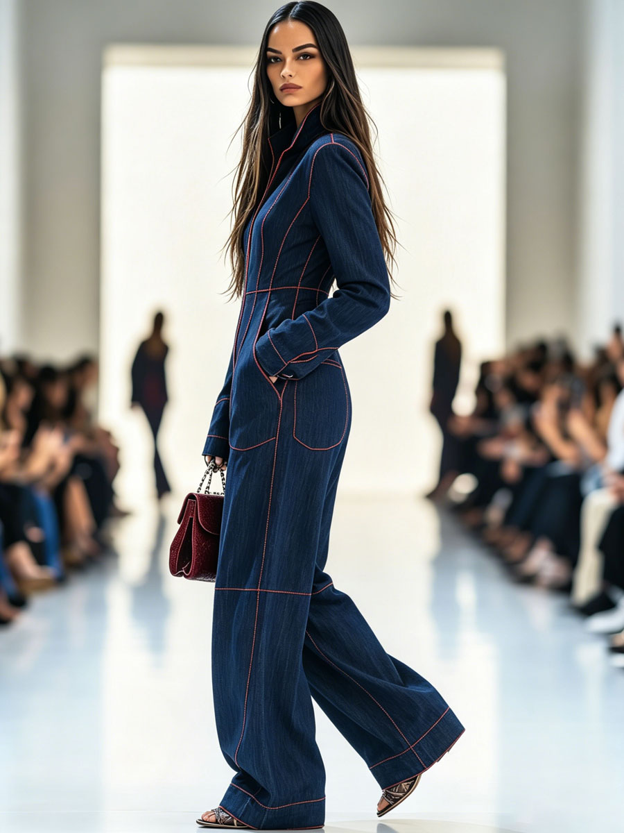Wide-leg denim jumpsuit side profile