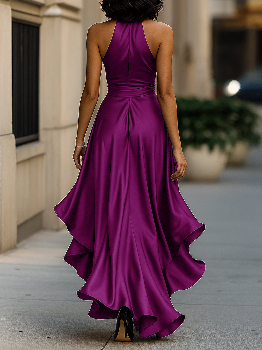 Lucienne satin halter ruffle gown waist tie detail