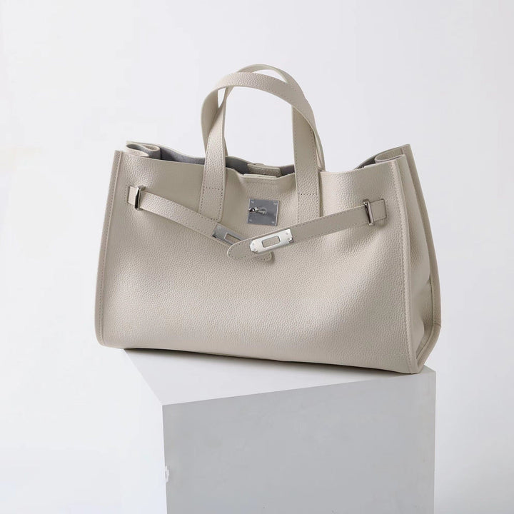 White leather work tote, front view